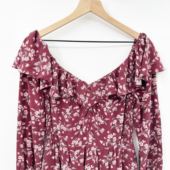 Rebecca Taylor Tilda Floral 100% Silk Ruffle Dress in Burgundy Size 6 - Picture 4 of 14
